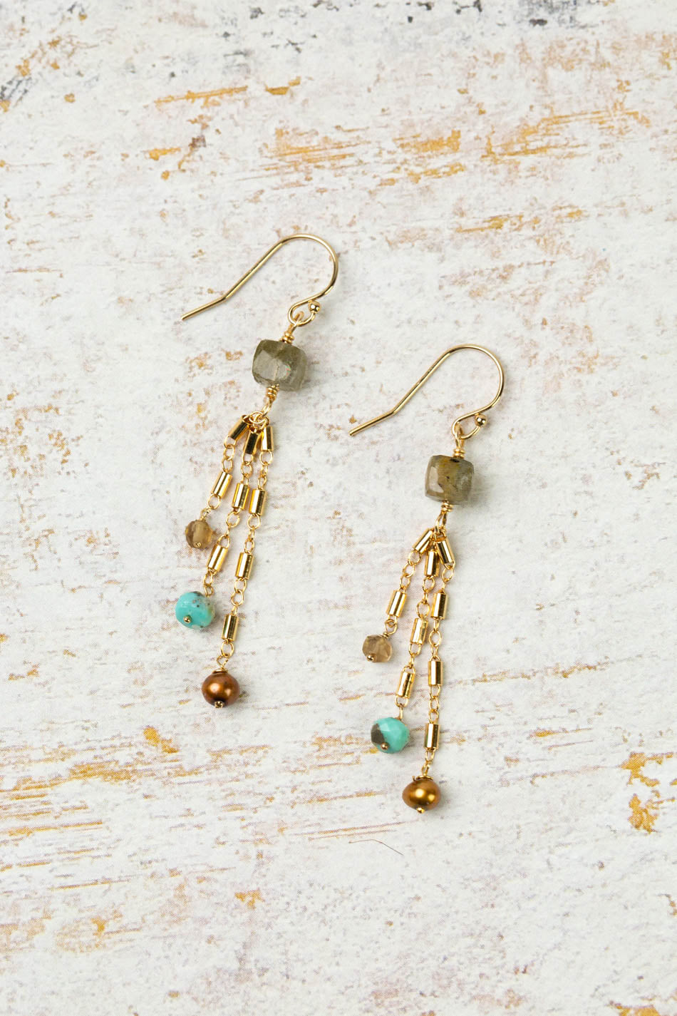 Desert Sunset Turquoise, Freshwater Pearl, Smokey Quartz With Labradorite Dangle Earrings