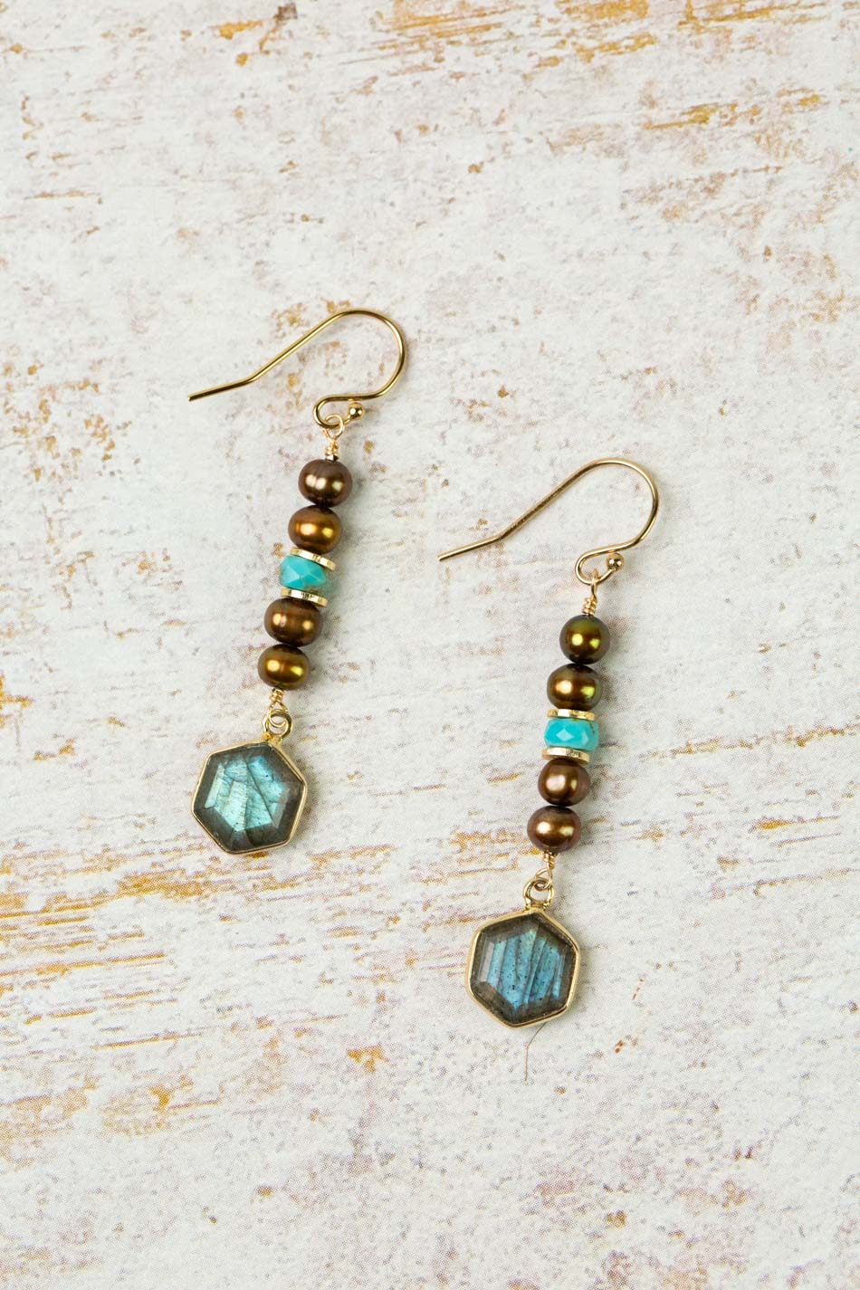 Desert Sunset Turquoise, Freshwater Pearl With Labradorite Dangle Earrings