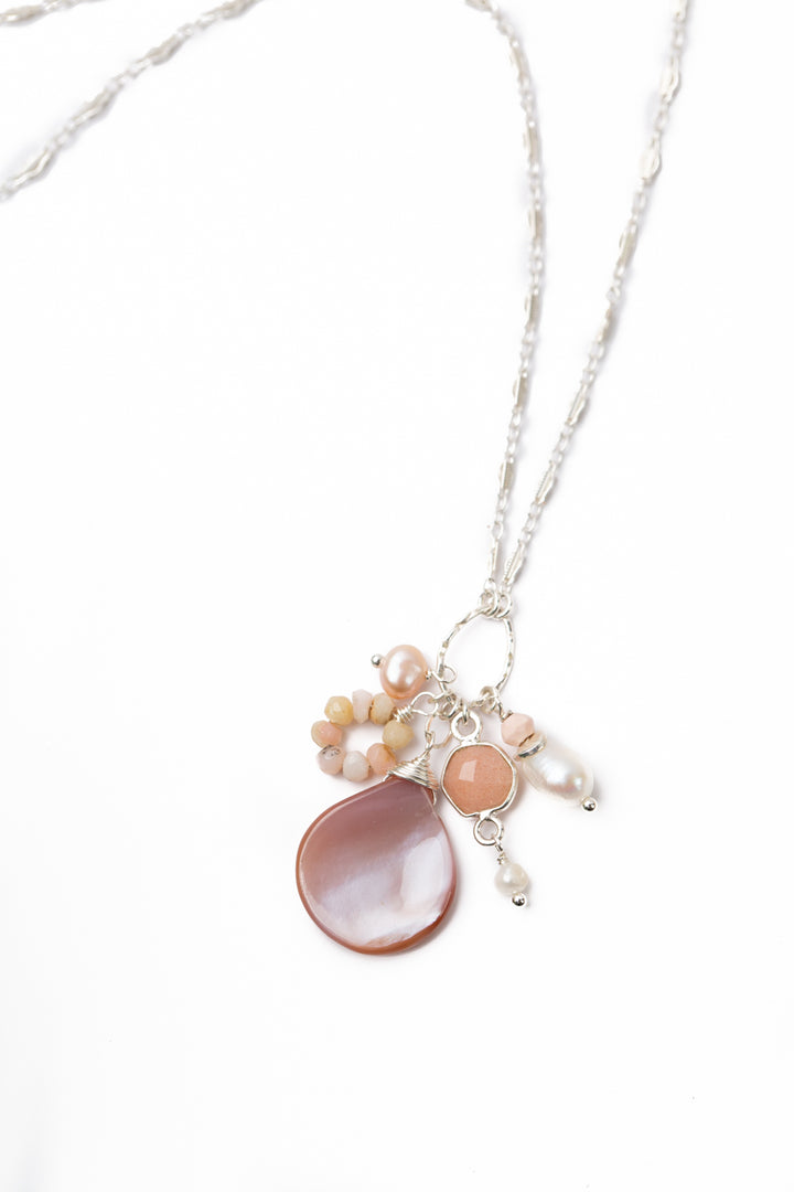 Embrace 16.5-18.5" Freshwater Pearl, Peach Moonstone, Pink Opal With Abalone Cluster Necklace