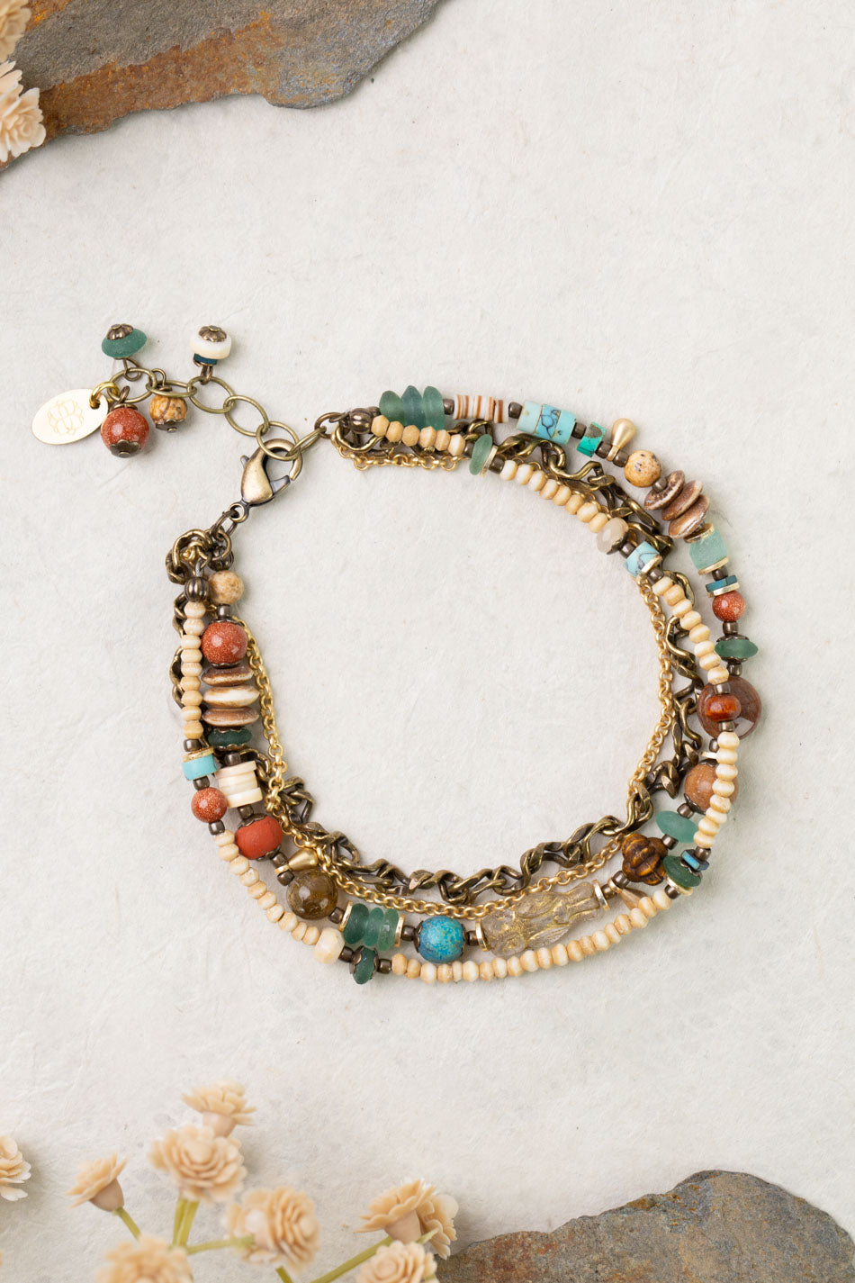 Enlighten 7.75-8.75" Czech Glass, Sea Glass, Shell Multistrand Bracelet