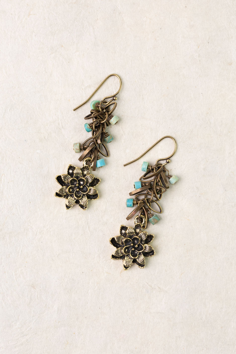 Enlighten Turquoise Chip With Brass Flower Dangle Earrings