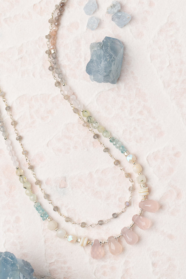 Fae 24-26" Opal, Zircon, Rainbow Moonstone With Rose Quartz Multistrand Necklace