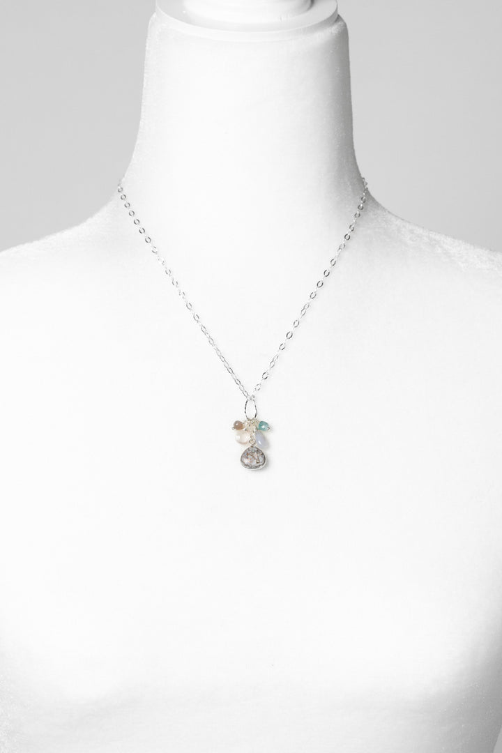 Fae 16.5-18.5" Blue Lace Chalcedony, Rose Quartz, Blue Apatite, Chocolate Moonstone With Cracked Opal Mosaic Cluster Necklace