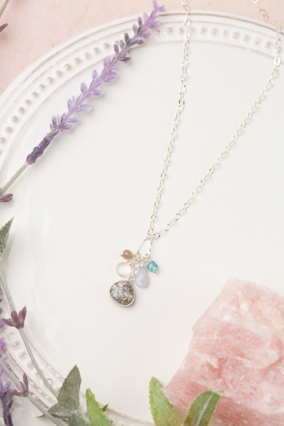Fae 16.5-18.5" Blue Lace Chalcedony, Rose Quartz, Blue Apatite, Chocolate Moonstone With Cracked Opal Mosaic Cluster Necklace