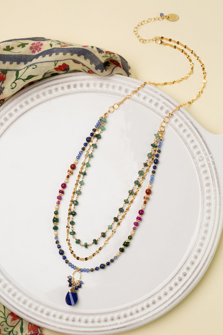 Forget Me Not 19.5-21.5" Emerald, Fuchsia Jade, Red Jasper With Twisted Lapis Lazuli Pendant Multistrand Necklace