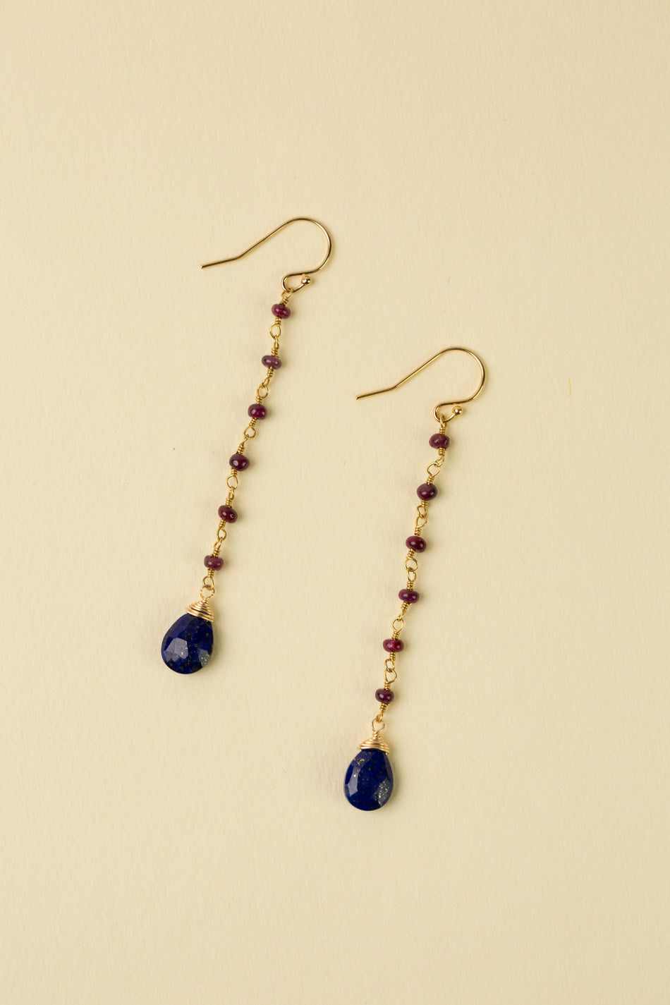 Forget Me Not Ruby With Faceted Wire Wrapped Lapis Teardrop Briolette Dangle Earrings