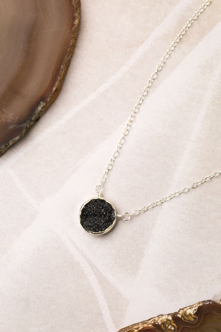 Favorites 16-18" Silver Black Druzy Simple Necklace