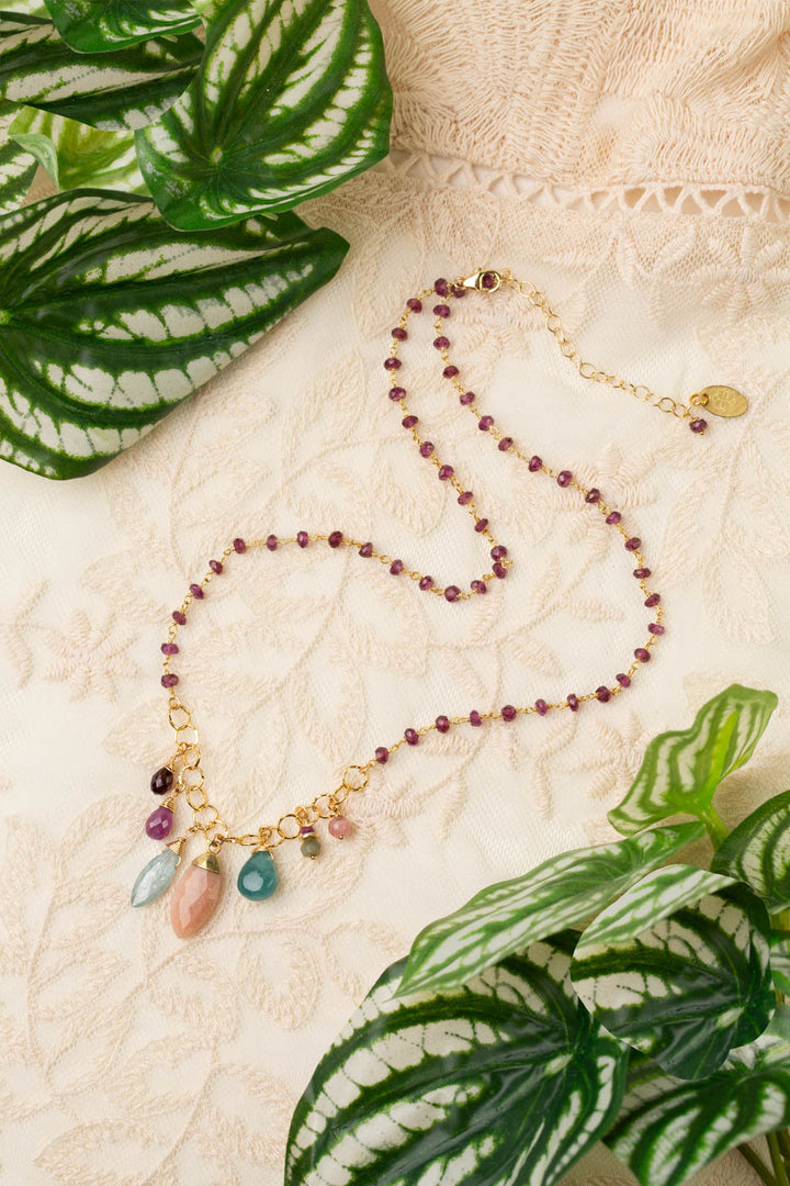 Gumdrop 16.75-18.75" Garnet With Cluster Of Peach Moonstone, Kyanite, Ruby, Rhodochrosite Cluster Necklace