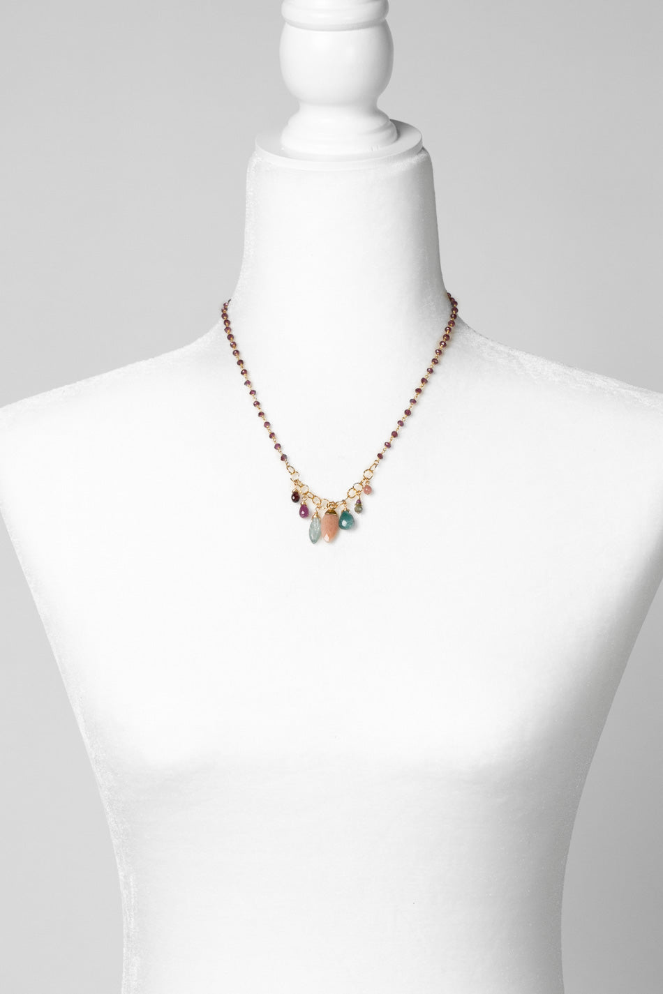Gumdrop 16.75-18.75" Garnet With Cluster Of Peach Moonstone, Kyanite, Ruby, Rhodochrosite Cluster Necklace