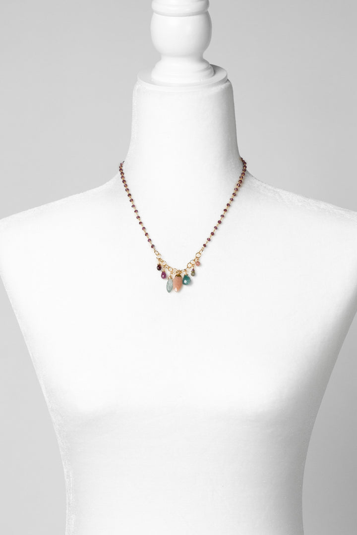 Gumdrop 16.75-18.75" Garnet With Cluster Of Peach Moonstone, Kyanite, Ruby, Rhodochrosite Cluster Necklace