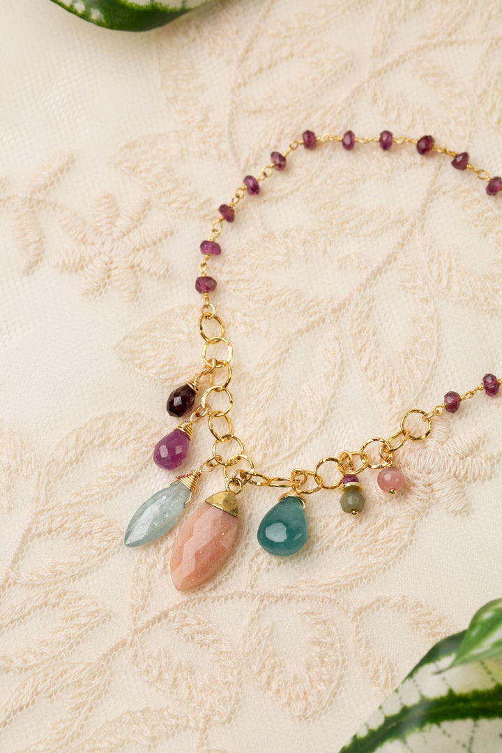 Gumdrop 16.75-18.75" Garnet With Cluster Of Peach Moonstone, Kyanite, Ruby, Rhodochrosite Cluster Necklace
