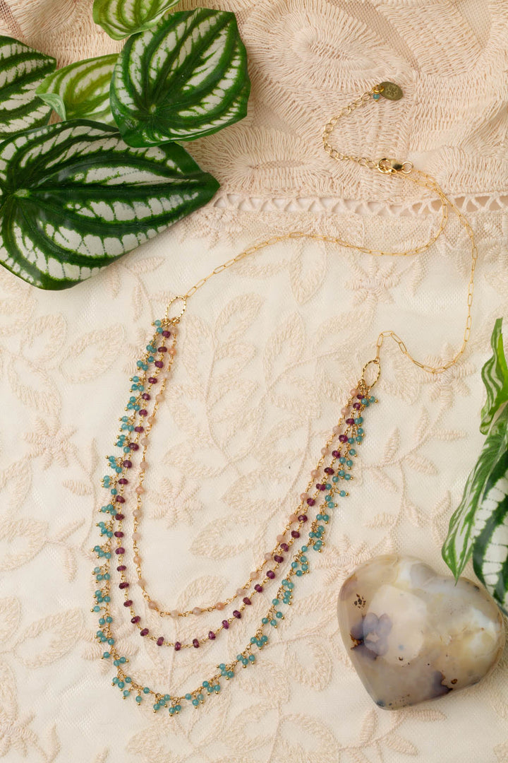 Gumdrop 21.5-23.5" Garnet, Peach Moonstone, Blue Apatite Multistrand Necklace