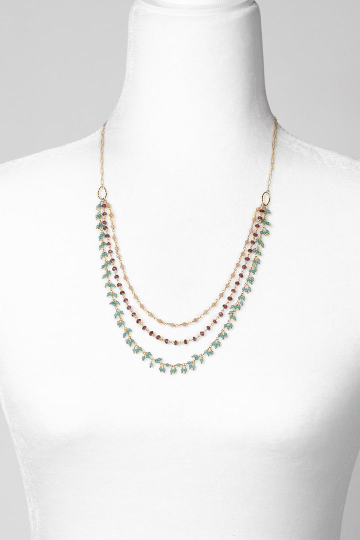 Gumdrop 21.5-23.5" Garnet, Peach Moonstone, Blue Apatite Multistrand Necklace