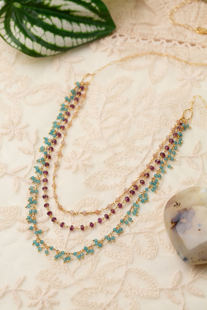 Gumdrop 21.5-23.5" Garnet, Peach Moonstone, Blue Apatite Multistrand Necklace
