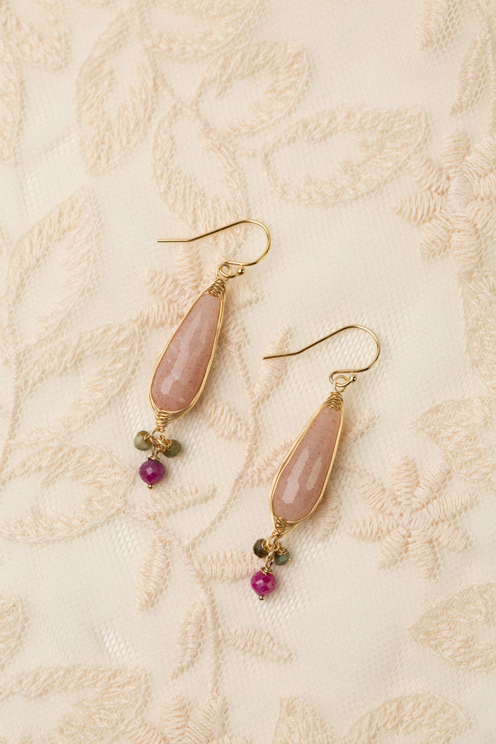 Gumdrop Moonstone, Ruby Herringbone Earrings