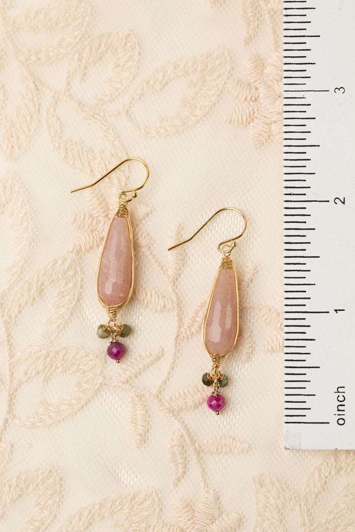 Gumdrop Moonstone, Ruby Herringbone Earrings