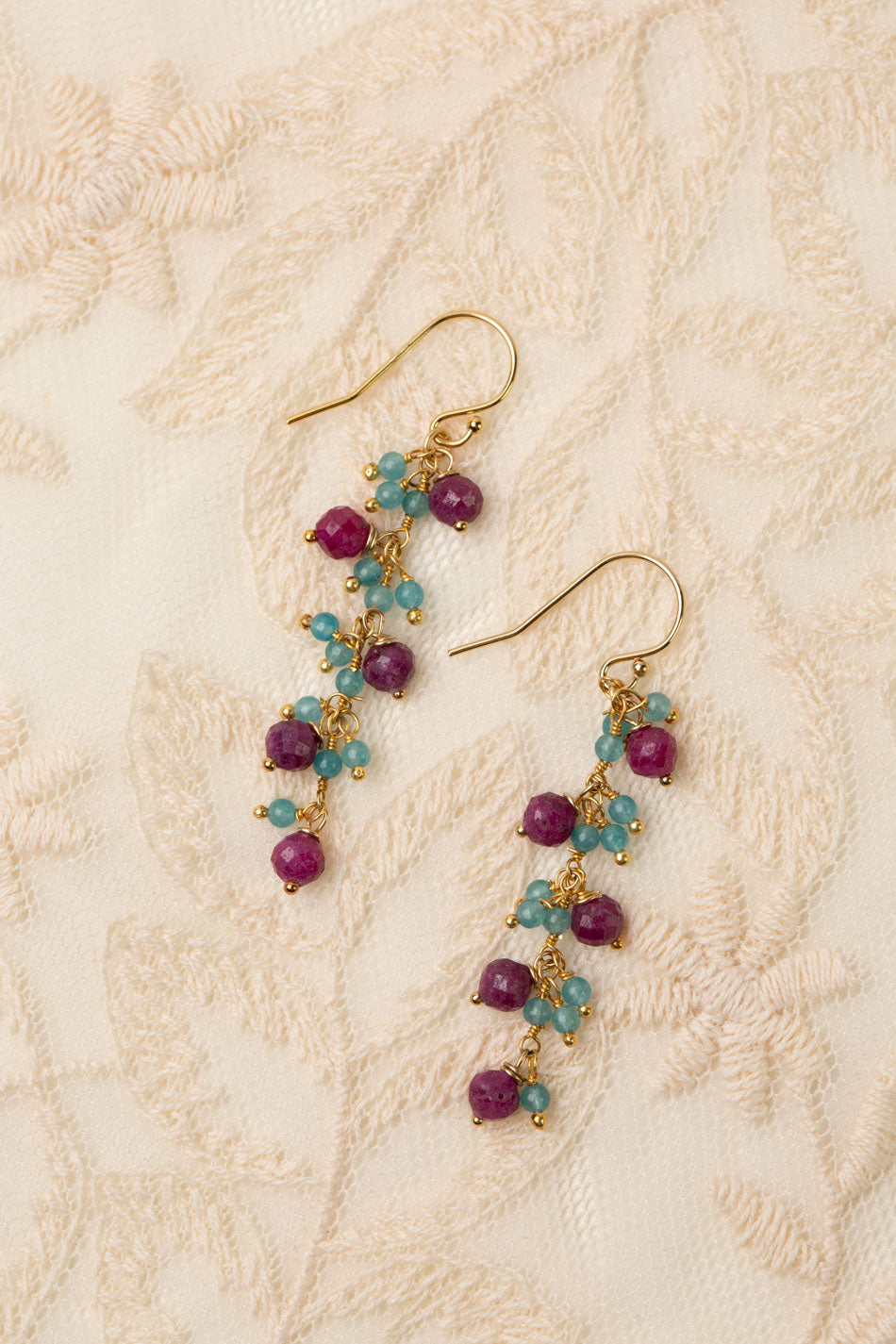 Gumdrop Faceted Ruby, Aquamarine Cluster Earrings