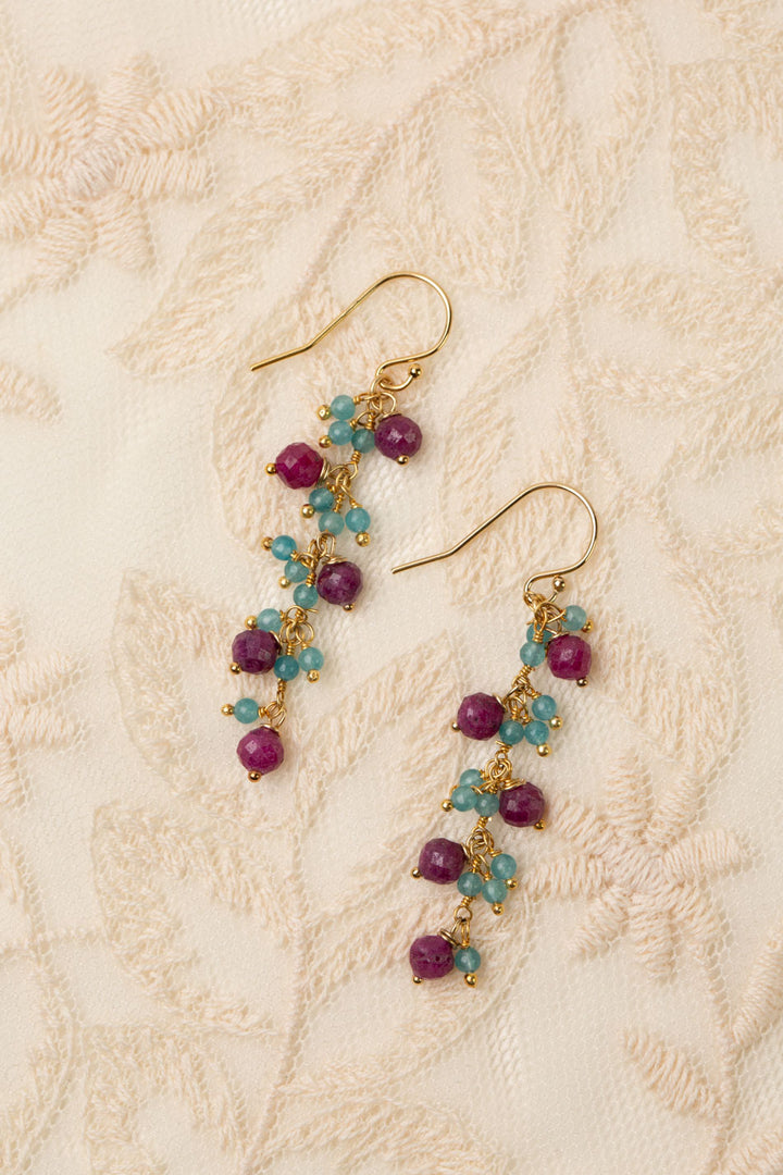 Gumdrop Faceted Ruby, Aquamarine Cluster Earrings