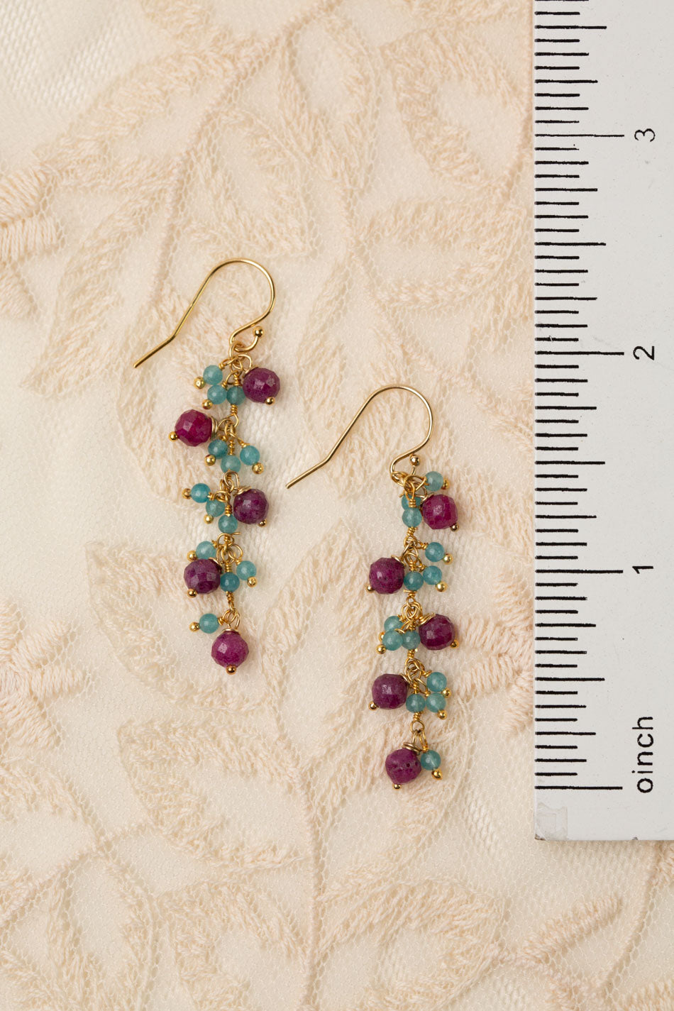 Gumdrop Faceted Ruby, Aquamarine Cluster Earrings