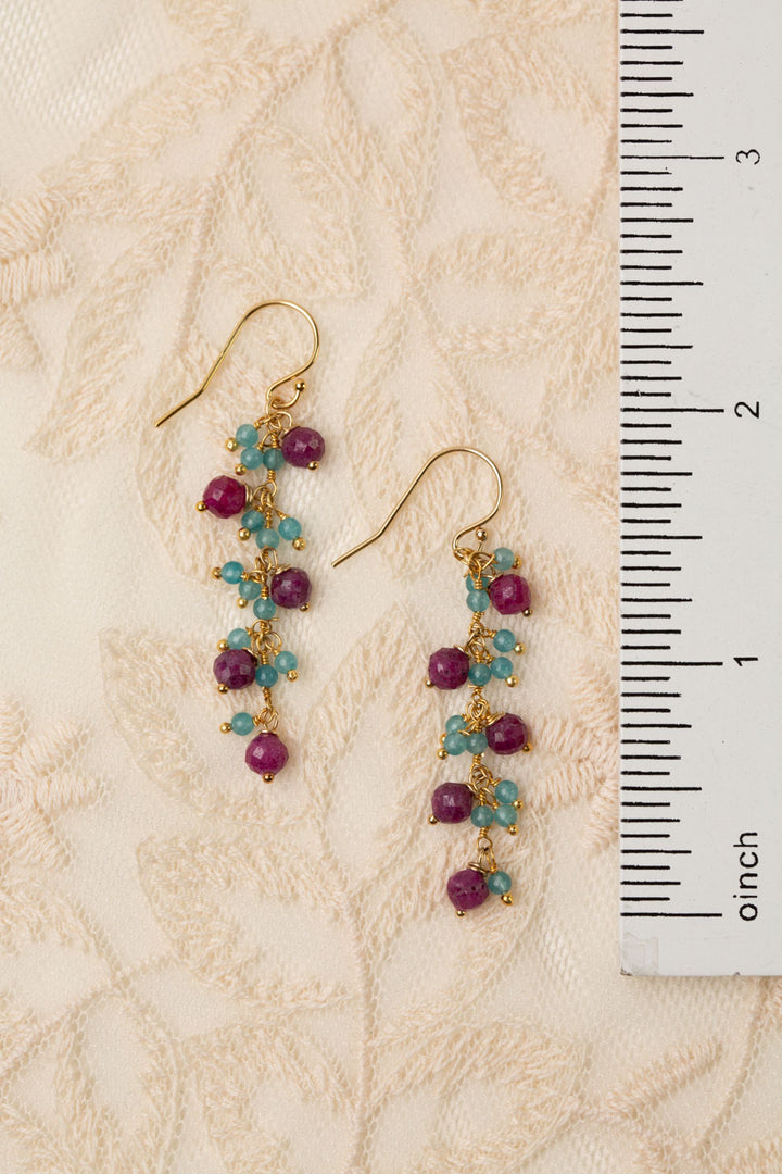 Gumdrop Faceted Ruby, Aquamarine Cluster Earrings