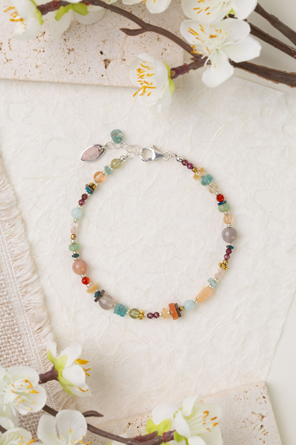 Gentle Breeze 7.5-8.5" Moonstone, Garnet, Apatite Simple Bracelet