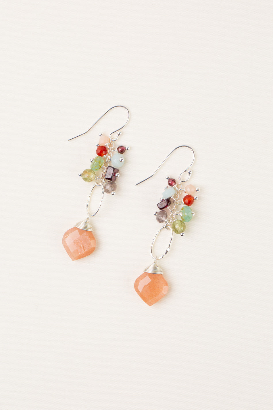 Gentle Breeze Peach Moonstone, Garnet, Apatite Dangle Earrings