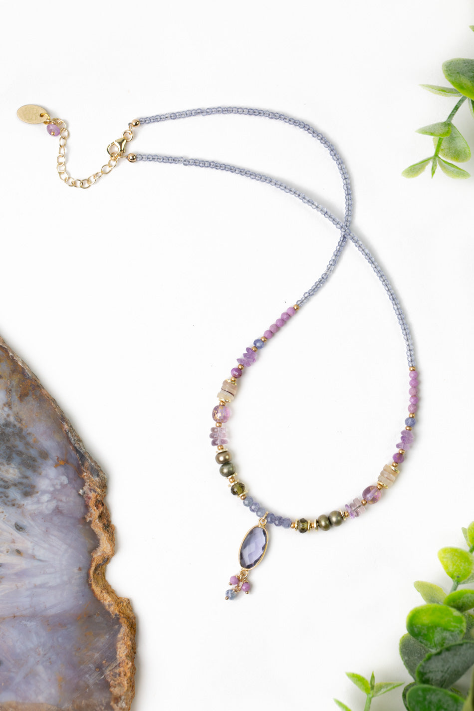 Hydrangea 17-19" Amethyst, Shell, Pearl With Tanzanite Quartz Collage Necklace