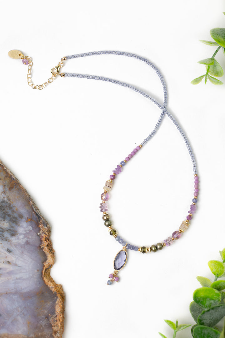 Hydrangea 17-19" Amethyst, Shell, Pearl With Tanzanite Quartz Collage Necklace