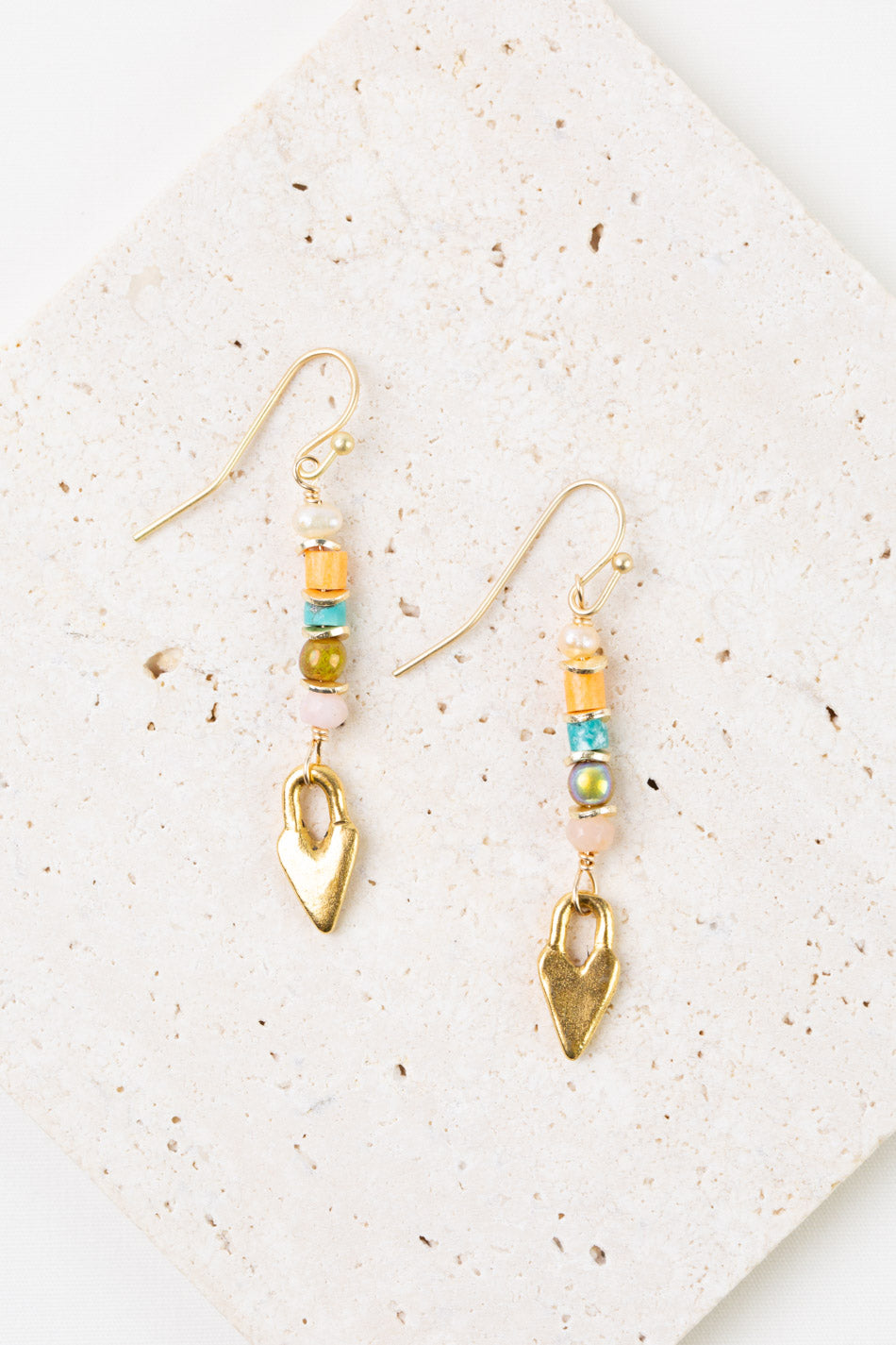 Joy Gold Heart, Freshwater Pearl, Pink Opal Dangle Earrings