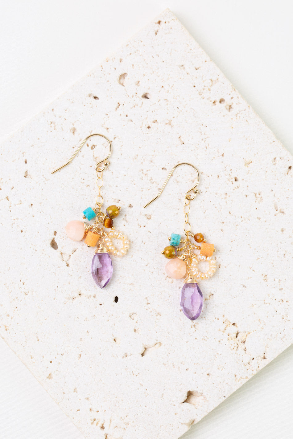 Joy Amethyst Briolette, Turquoise, Pink Opal Cluster Earrings