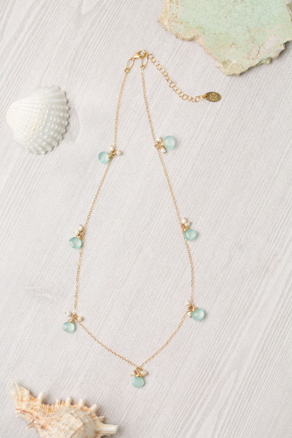 Limited Edition 17.5-19.5" Freshwater Pearl With Seafoam Blue/Green Chalcedony Briolettes Simple Necklace