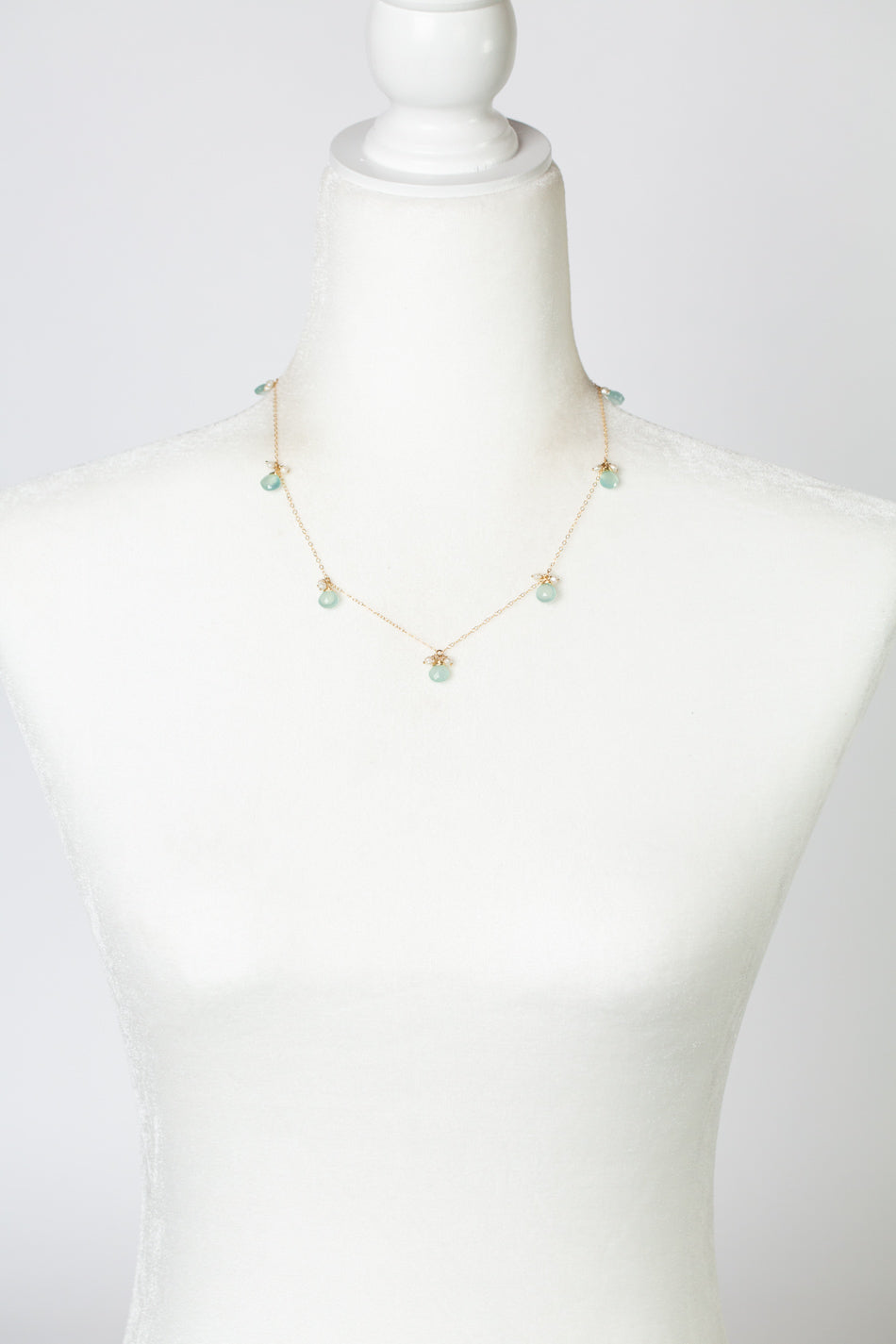 Limited Edition 17.5-19.5" Freshwater Pearl With Seafoam Blue/Green Chalcedony Briolettes Simple Necklace