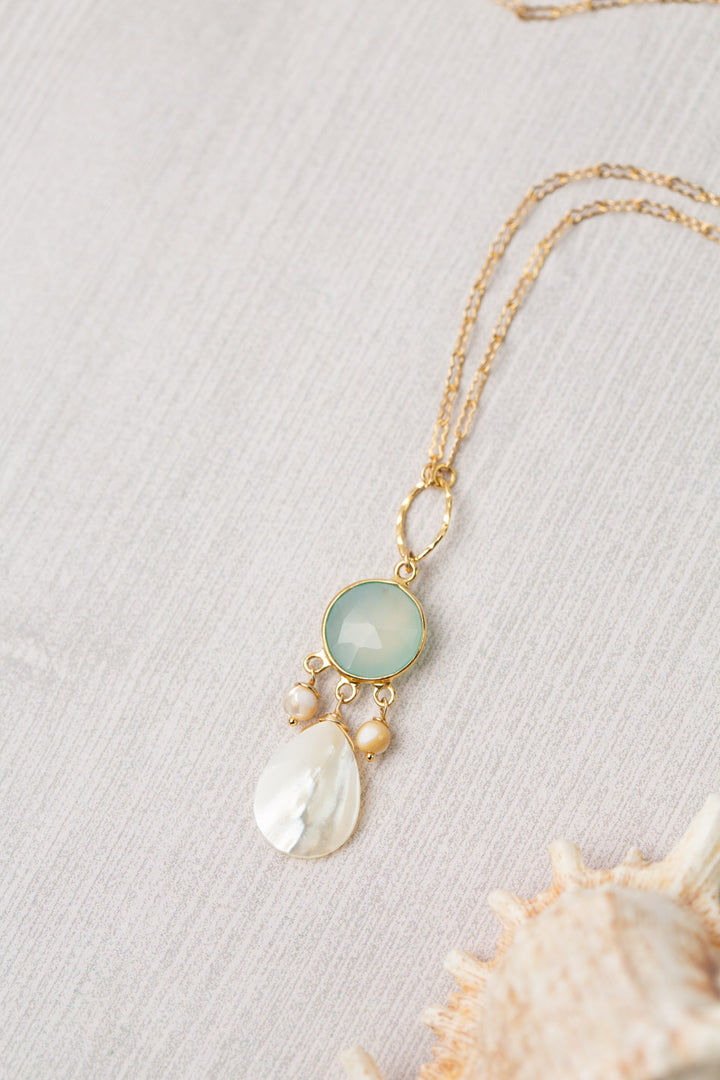Limited Edition 17.25-19.25" Chalcedony with Mother Of Pearl Smooth Teardrop Simple Necklace