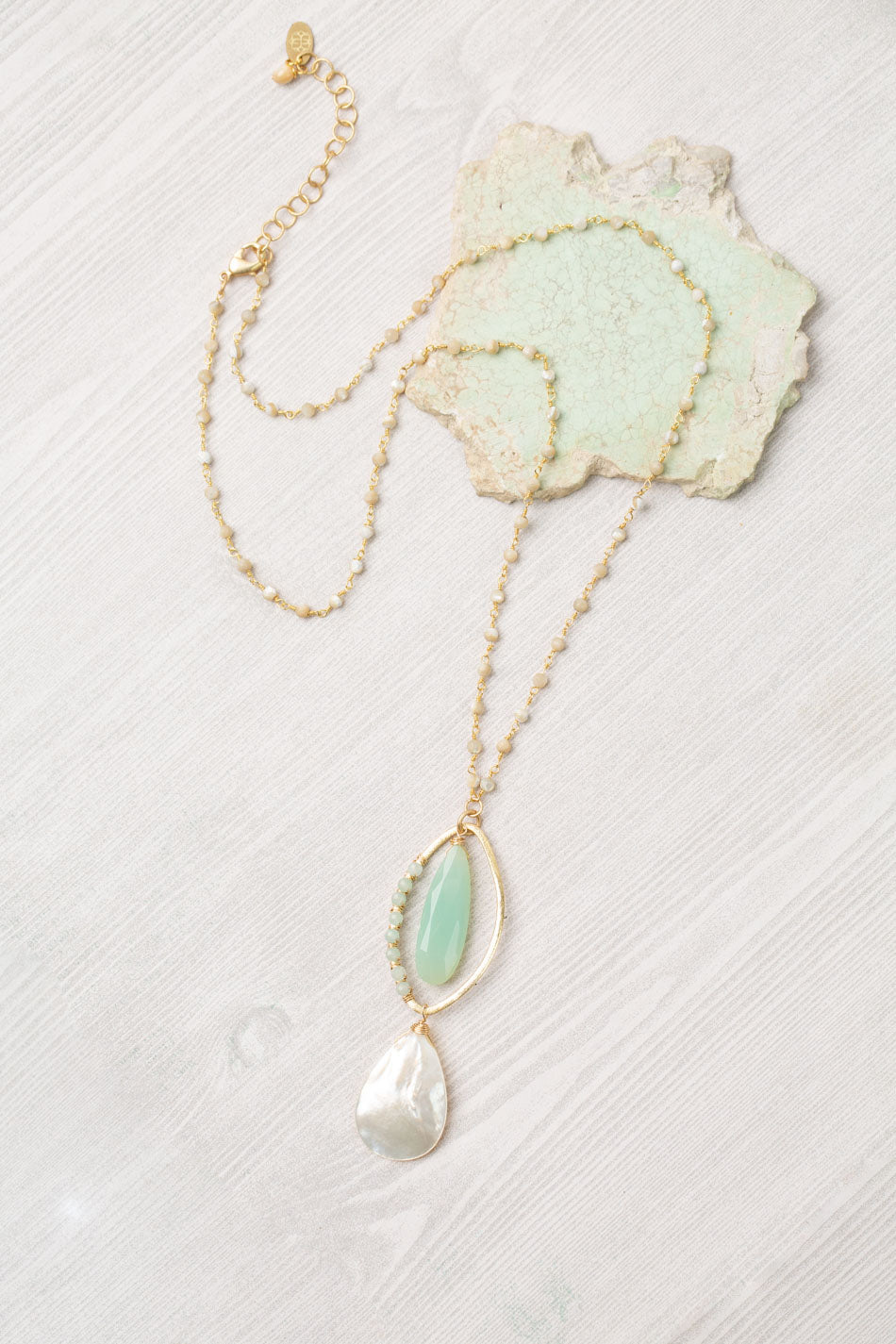 Limited Edition 23-25" Seafoam Faceted Chalcedony Long Drop With Mother Of Pearl Smooth Teardrop Simple Necklace