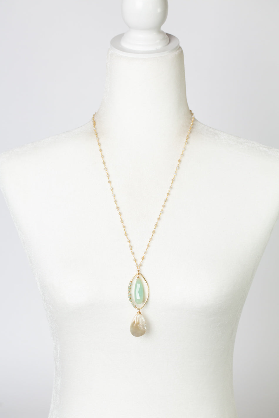 Limited Edition 23-25" Seafoam Faceted Chalcedony Long Drop With Mother Of Pearl Smooth Teardrop Simple Necklace