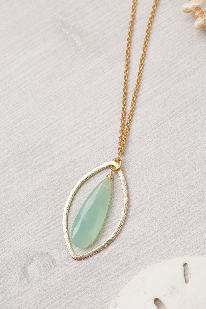 Limited Edition 25-27" Faceted Chalcedony Drop Pendant With Brushed Gold Oval Simple Necklace