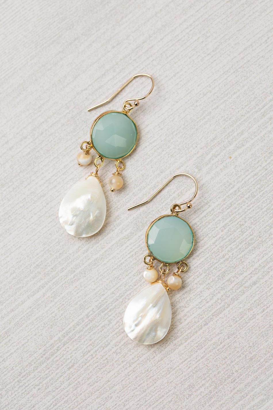 Limited Edition Faceted Chalcedony Bezel With Smooth Mother Of Pearl Teardrop Statement Earrings