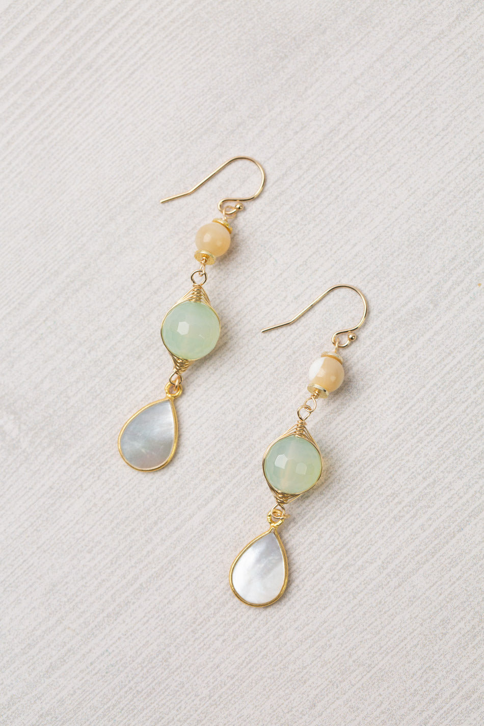 Limited Edition Faceted Chalcedony With Mother Of Pearl Teardrop Bezel Herringbone Earrings