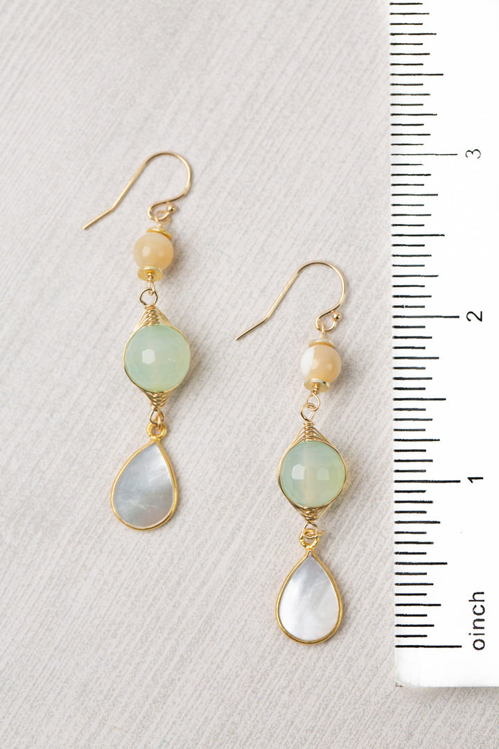 Limited Edition Faceted Chalcedony With Mother Of Pearl Teardrop Bezel Herringbone Earrings