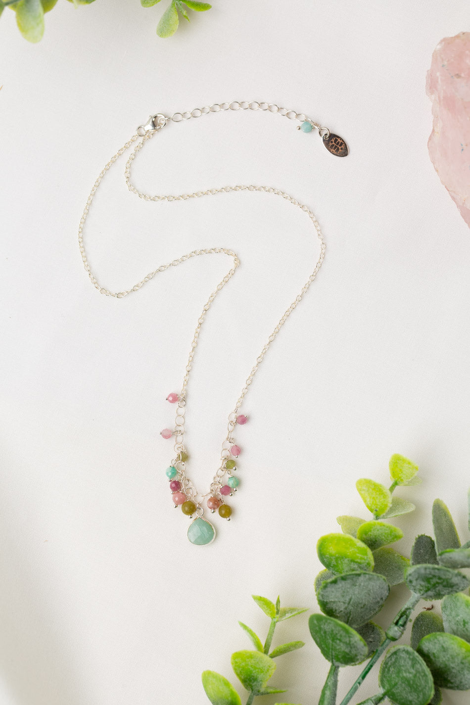 Limited Edition 15.5-17.5" Rhodochrosite, Olive Jade, Pink Tourmaline With Faceted Amazonite Cluster Necklace