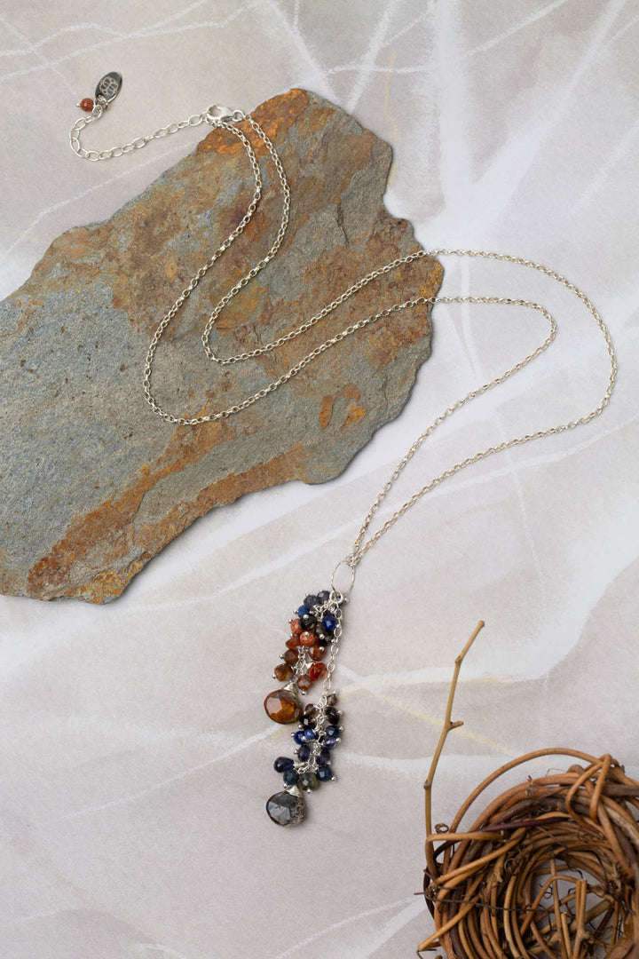 Limited Edition 25.5-27.5" Hessonite Garnet, Lapis Lazuli, Iolite With Faceted Pietersite Briolettes Cluster Necklace