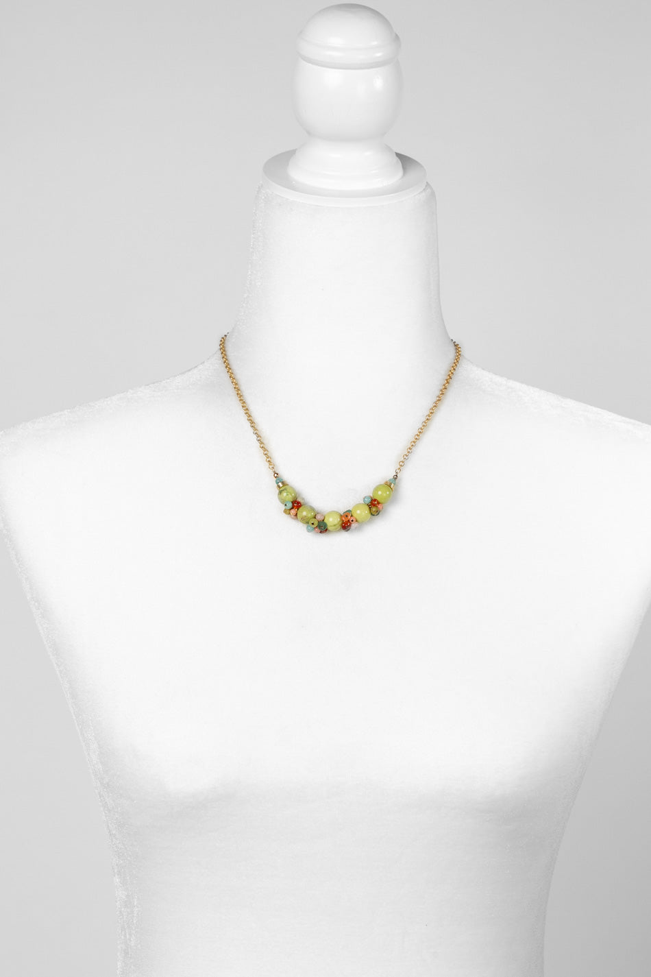 Mango Tango 16-18" Lime Green Howlite With Amazonite, Carnelian, Opal, Roman Glass, And Jade Cluster Necklace