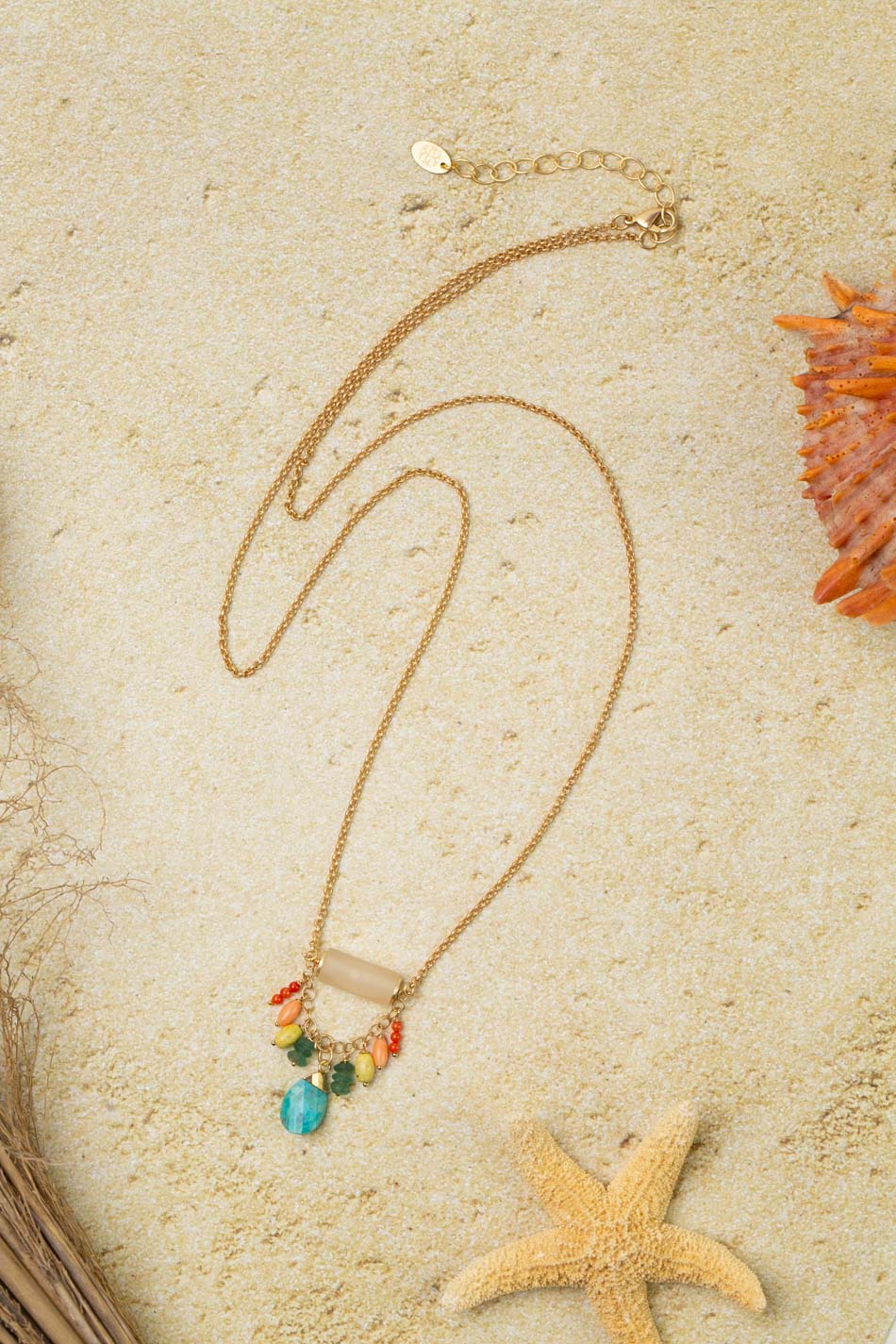 Mango Tango 28-30" Matte Calcite With Roman Glass, Green Howlite, And Turquoise Charm Cluster Necklace