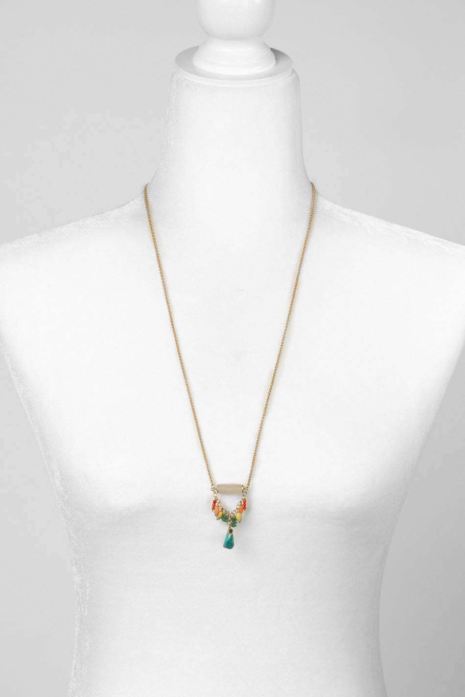 Mango Tango 28-30" Matte Calcite With Roman Glass, Green Howlite, And Turquoise Charm Cluster Necklace