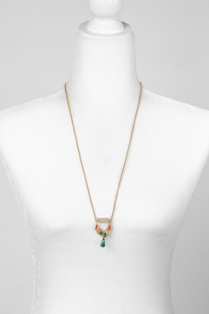 Mango Tango 28-30" Matte Calcite With Roman Glass, Green Howlite, And Turquoise Charm Cluster Necklace