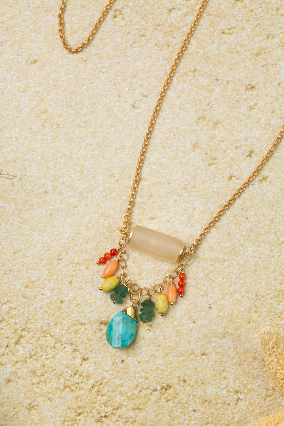 Mango Tango 28-30" Matte Calcite With Roman Glass, Green Howlite, And Turquoise Charm Cluster Necklace