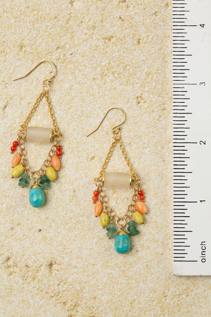 Mango Tango Matte Calcite With Roman Glass And Turquoise Dangles Statement Earrings