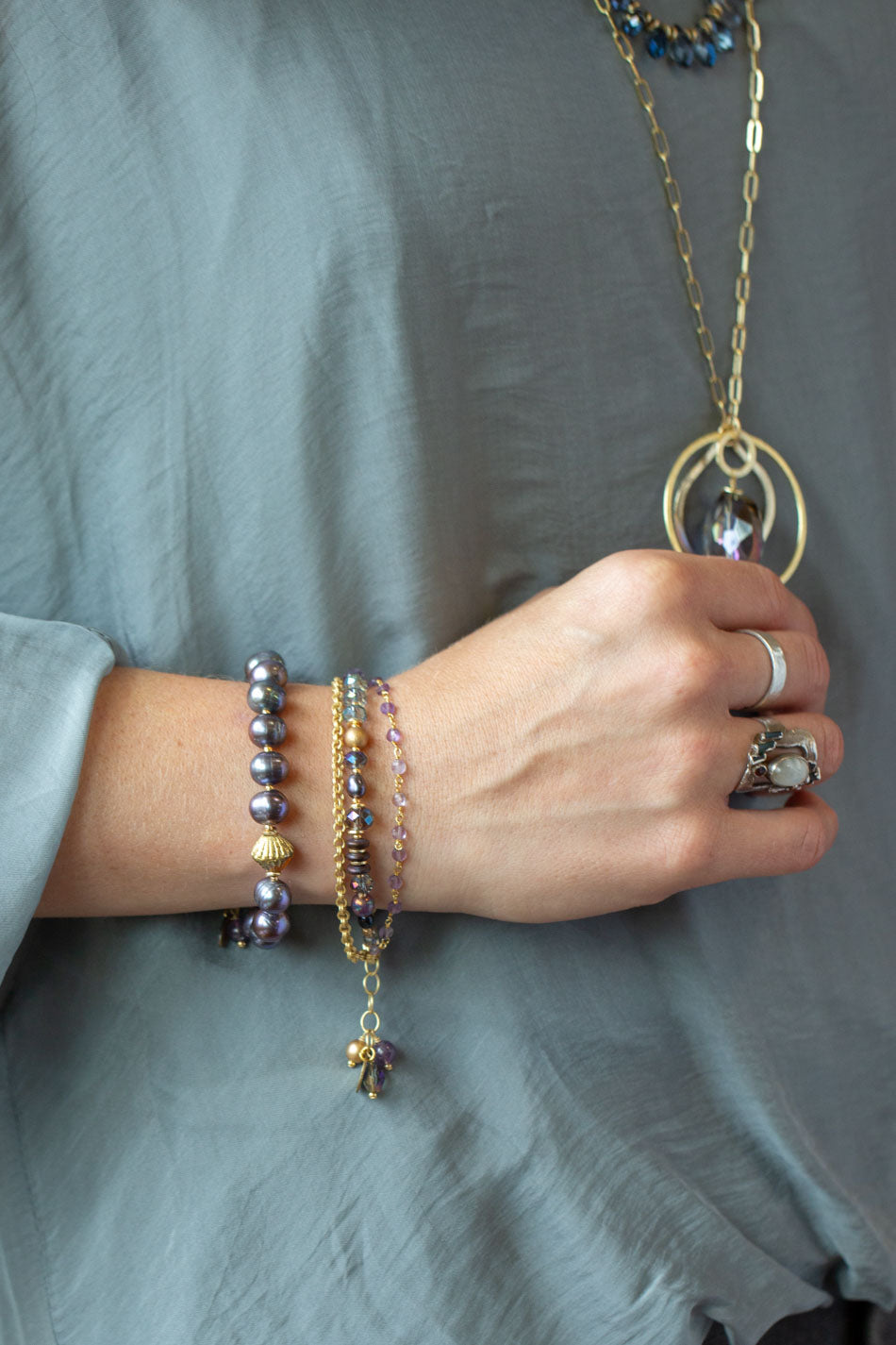 Midnight 7.5-8.5" Amethyst, Crystal, Freshwater Pearl Multistrand Bracelet