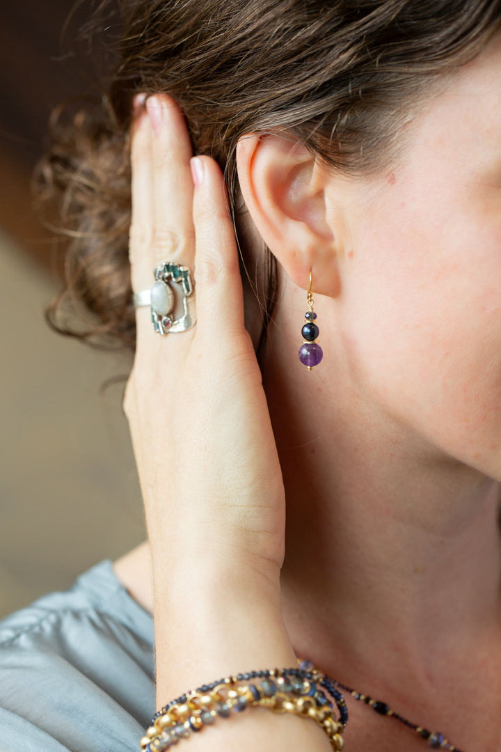 Midnight Amethyst, Freshwater Pearl, Crystal Simple Earrings