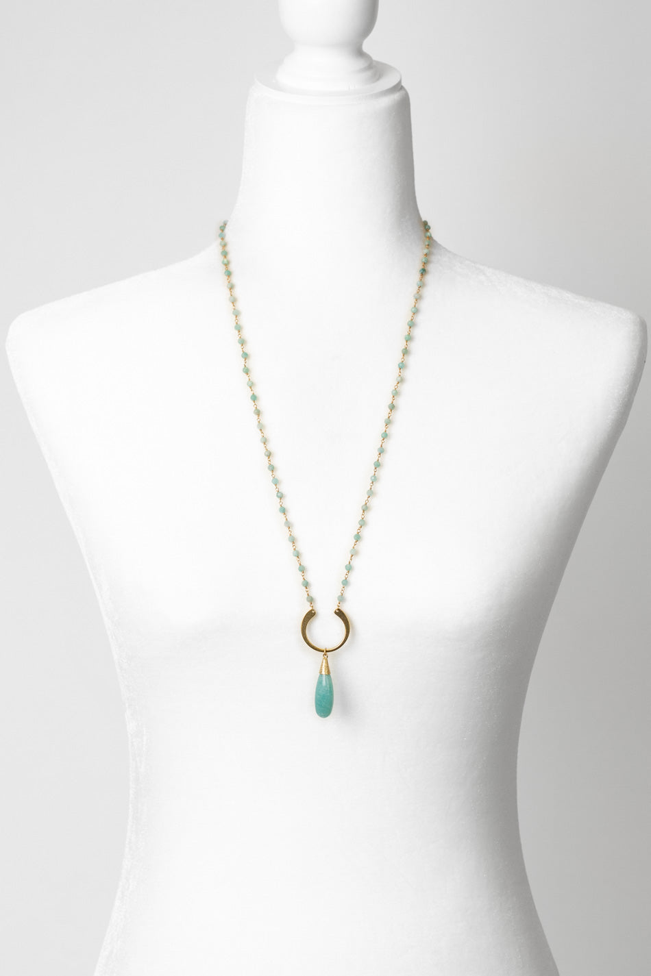 Mango Tango 28-30"  Matte Gold Plated Brass U Shape Focal With Amazonite Teardrop Briolette Statement Necklace